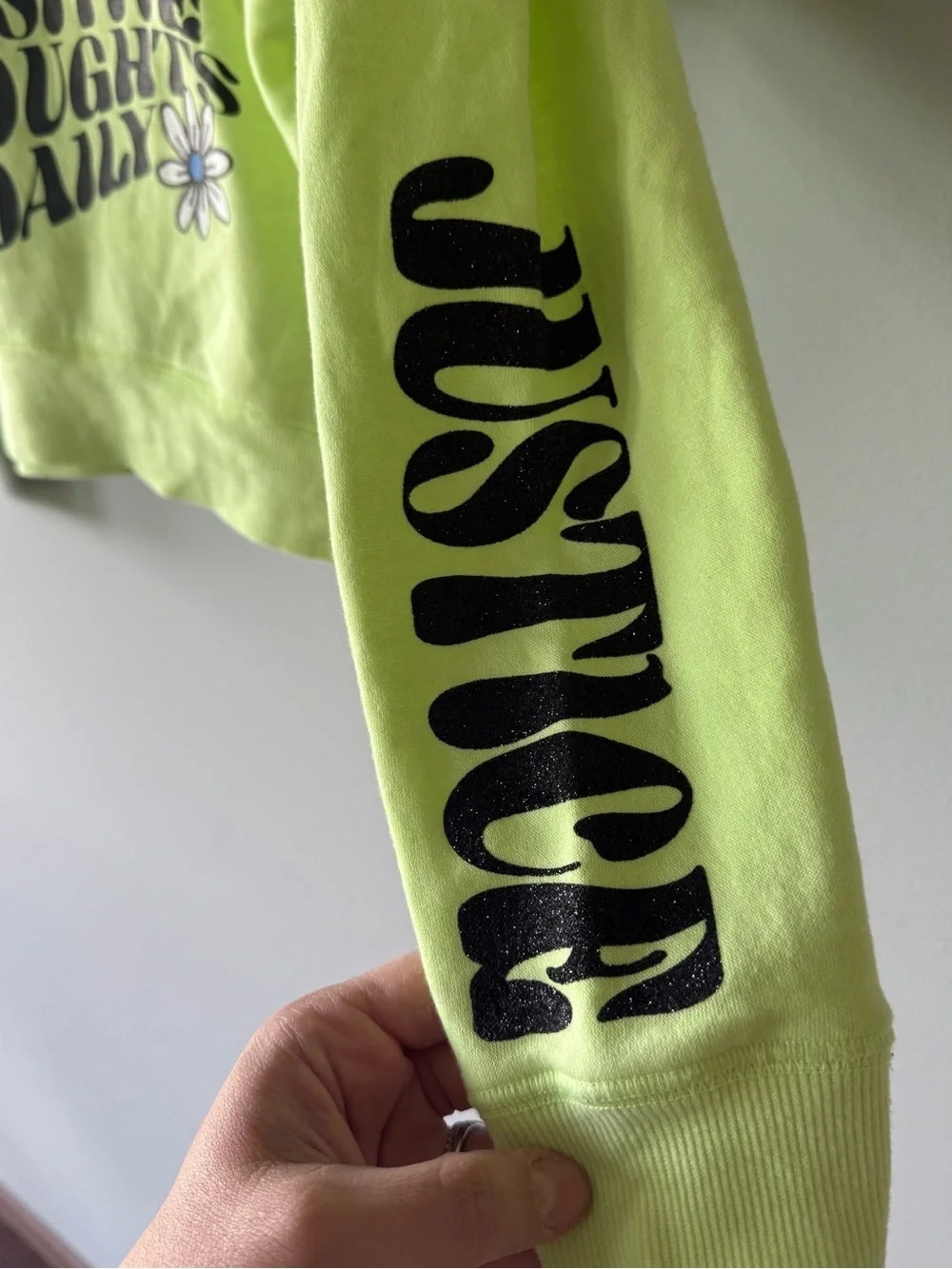 Justice Neon Green Hoodie, Sparkle sleeve size M(10)